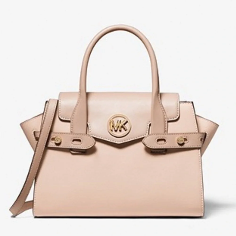 MICHAEL KORS Carmen Medium Faux Leather Belted Satchel Buff color